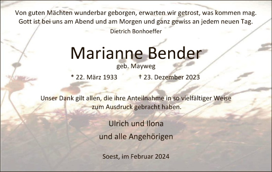 Todesanzeige von Marianne Bender von WA