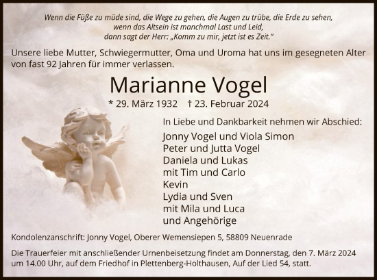 Todesanzeige von Marianne Vogel von WA