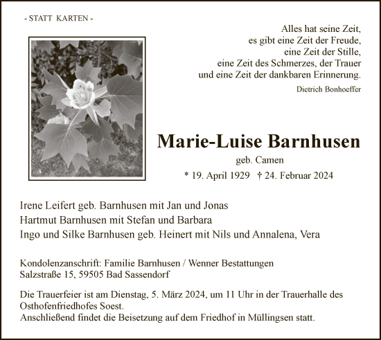 Todesanzeige von Marie-Luise Barnhusen von WA