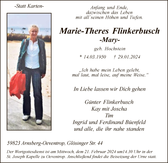 Todesanzeige von Marie-Theres Flinkerbusch von WA