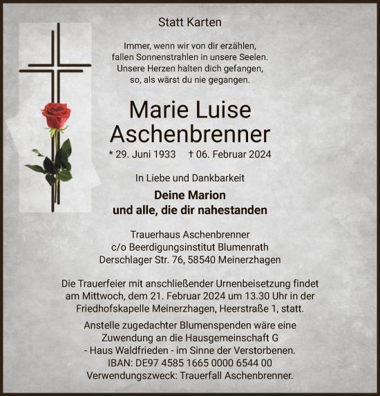 Todesanzeige von Marie Luise Aschenbrenner von WA