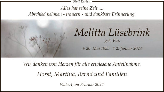 Todesanzeige von Melitta Lüsebrink von WA