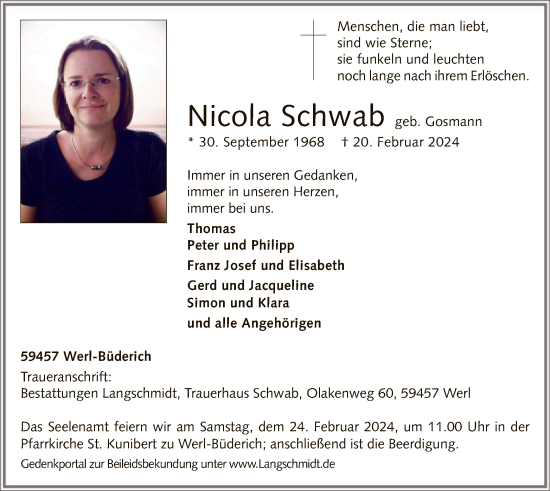 Todesanzeige von Nicola Schwab von WA