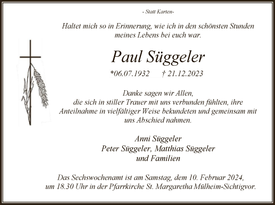 Todesanzeige von Paul Süggeler von WA