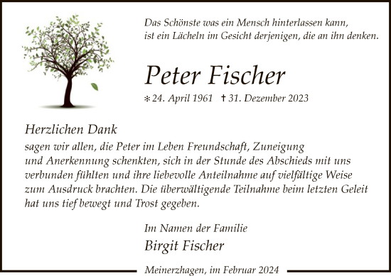 Todesanzeige von Peter Fischer von WA