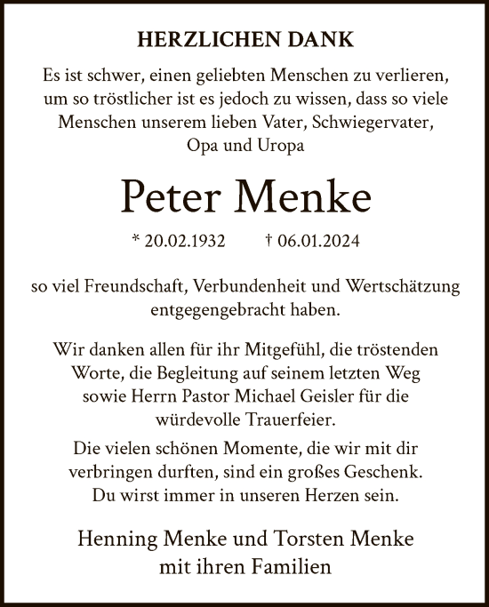 Todesanzeige von Peter Menke von WA
