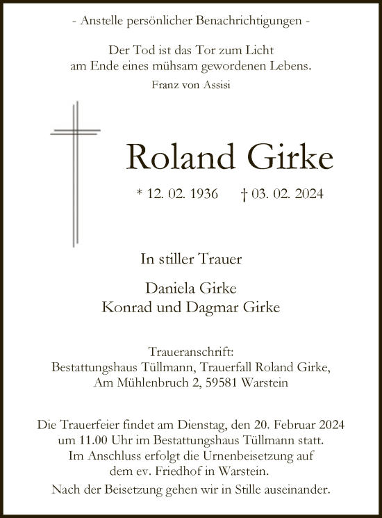 Todesanzeige von Roland Girke von WA