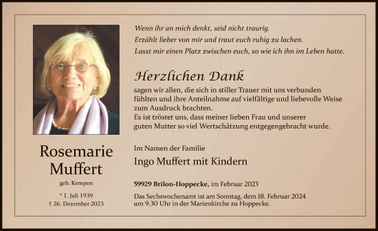 Todesanzeige von Rosemarie Muffert von WA