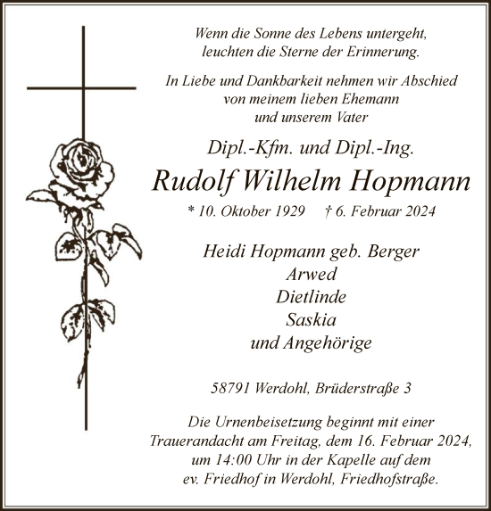 Todesanzeige von Rudolf Wilhelm Hopmann von WA