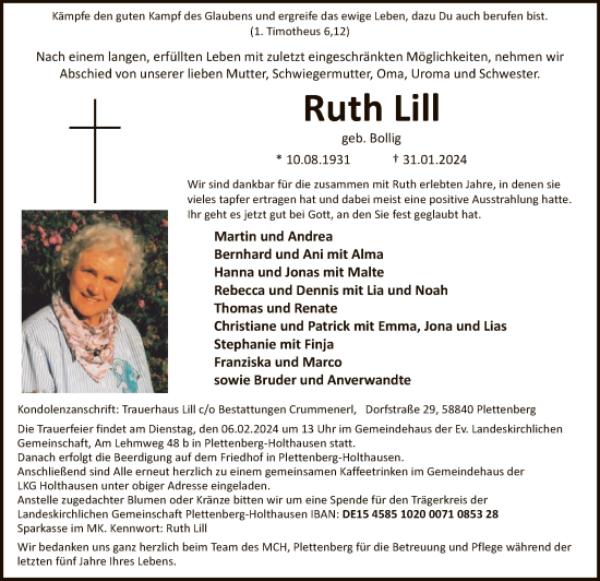 Todesanzeige von Ruth Lill von WA