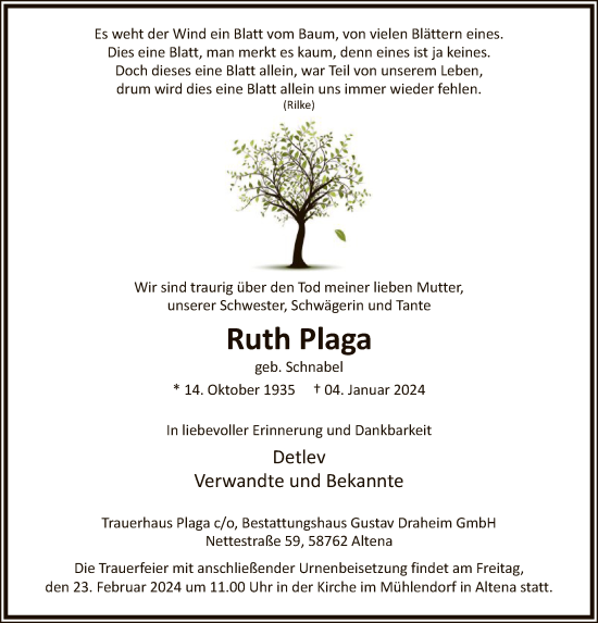 Todesanzeige von Ruth Plaga von WA