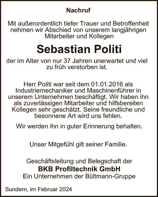 Todesanzeige von Sebastian Politi von WA