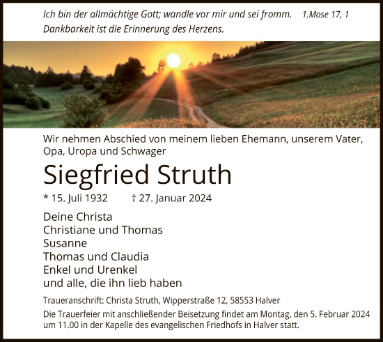 Todesanzeige von Siegfried Struth von WA
