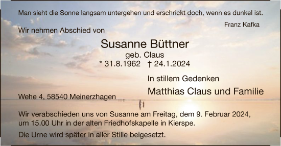 Todesanzeige von Susanne Büttner von WA
