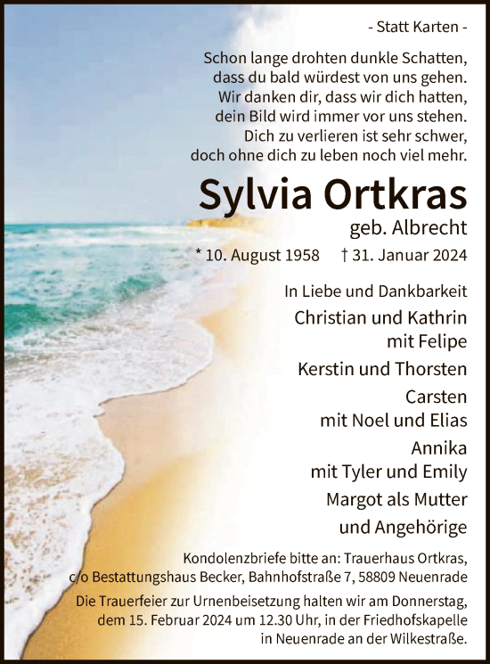 Todesanzeige von Sylvia Ortkras von WA