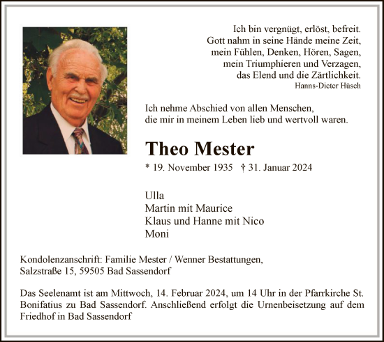 Todesanzeige von Theo Mester von WA