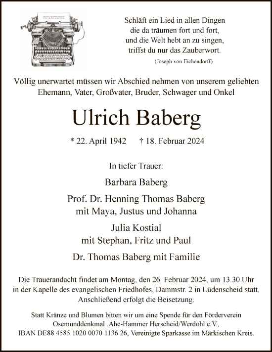 Todesanzeige von Ulrich Baberg von WA