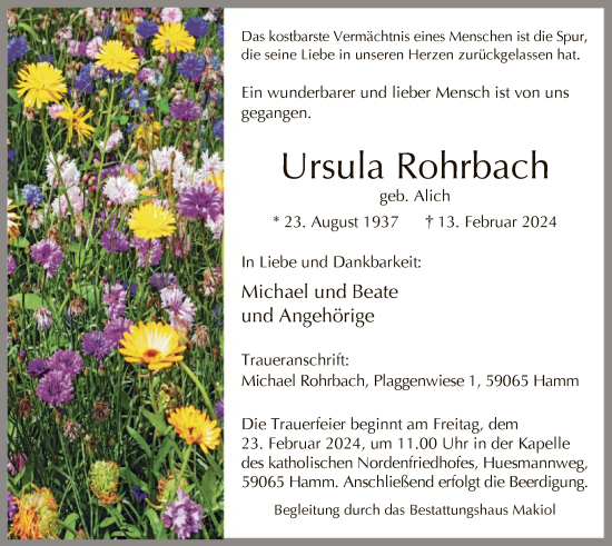 Todesanzeige von Ursula Rohrbach von WA