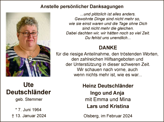 Todesanzeige von Ute Deutschländer von WA
