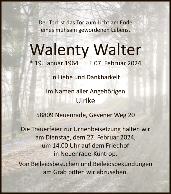 Todesanzeige von Walenty Walter von WA