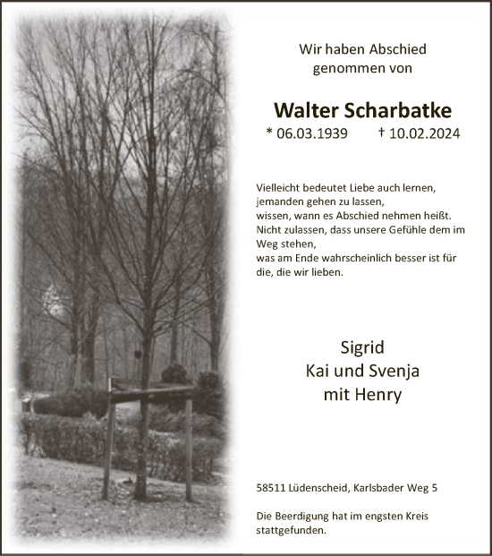 Todesanzeige von Walter Scharbatke von WA