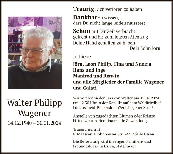 Todesanzeige von Walter Philipp Wagener von WA
