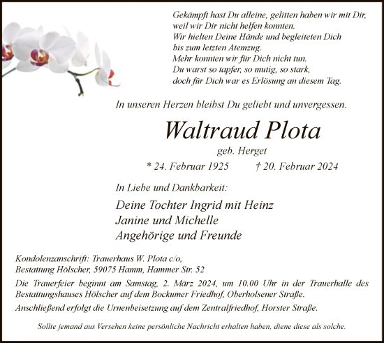 Todesanzeige von Waltraud Plota von WA