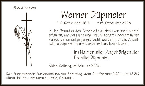 Todesanzeige von Werner Düpmeier von WAWA