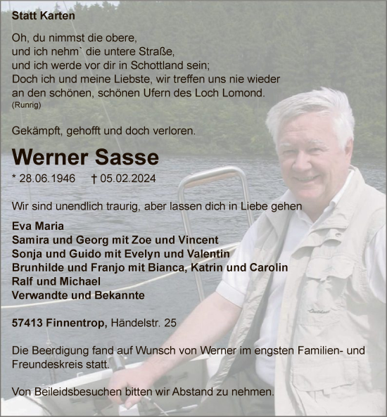 Todesanzeige von Werner Sasse von WA
