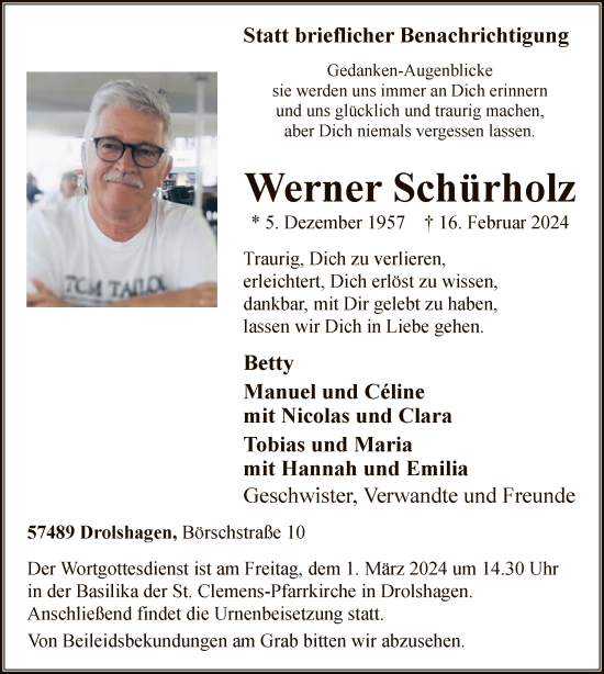 Todesanzeige von Werner Schürholz von WA