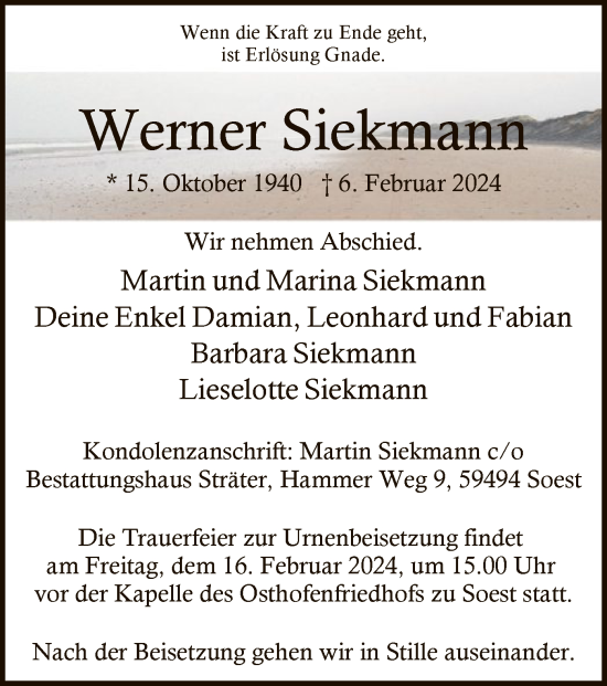 Todesanzeige von Werner Siekmann von WA