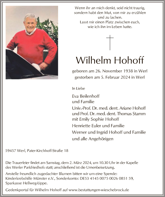 Todesanzeige von Wilhelm Hohoff von WA