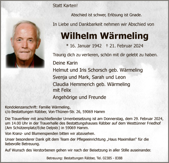 Todesanzeige von Wilhelm Wärmeling von WA