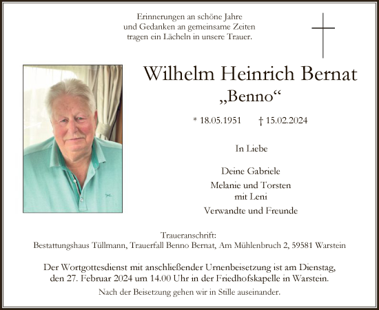 Todesanzeige von Wilhelm Heinrich Bernat von WA