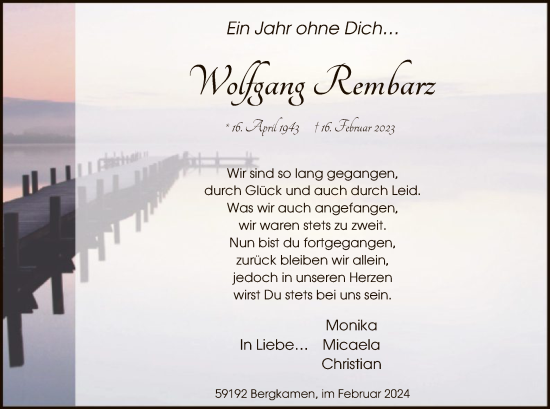 Todesanzeige von Wolfgang Rembarz von WA