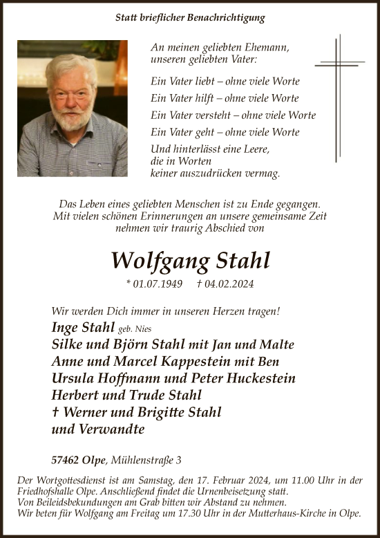 Todesanzeige von Wolfgang Stahl von WA