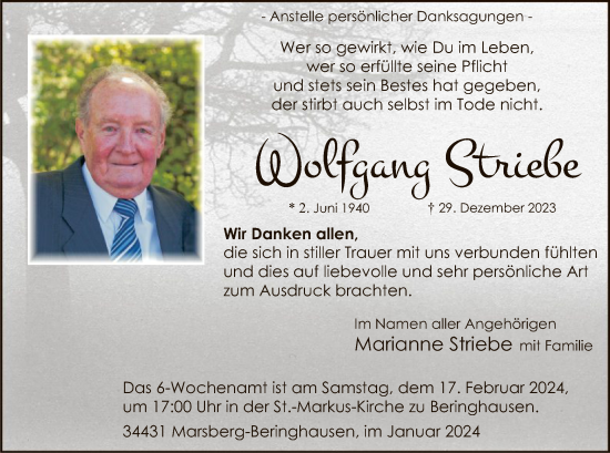 Todesanzeige von Wolfgang Striebe von WA