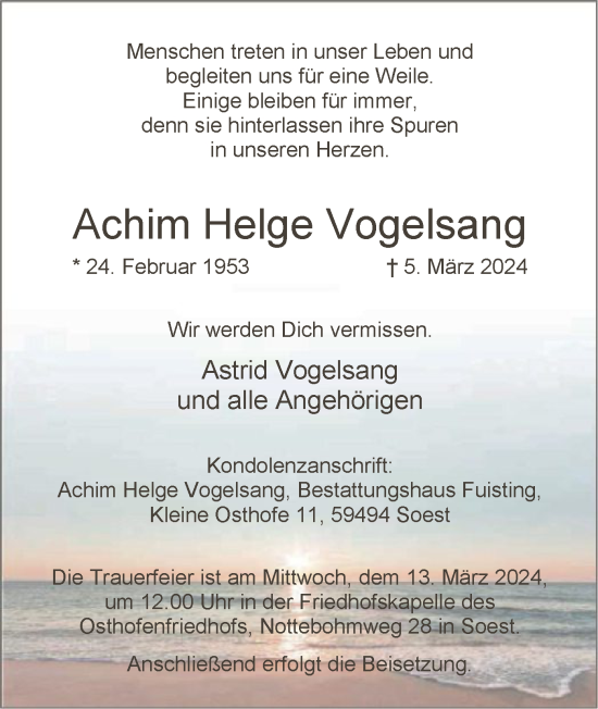 Todesanzeige von Achim Helge Vogelsang von WA