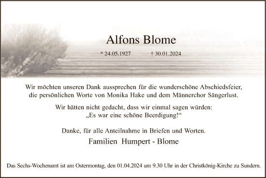 Todesanzeige von Alfons Blome von WA
