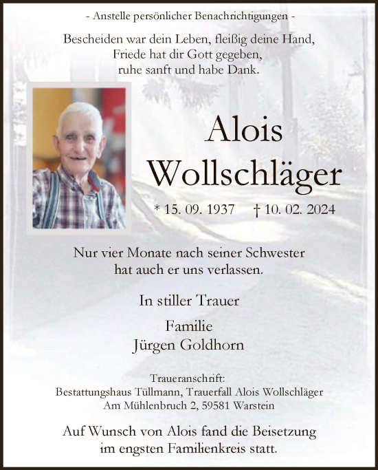 Todesanzeige von Alois Wollschläger von WA