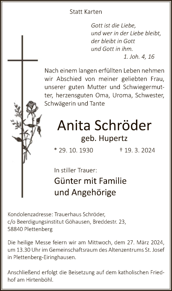 Todesanzeige von Anita Schröder von WA