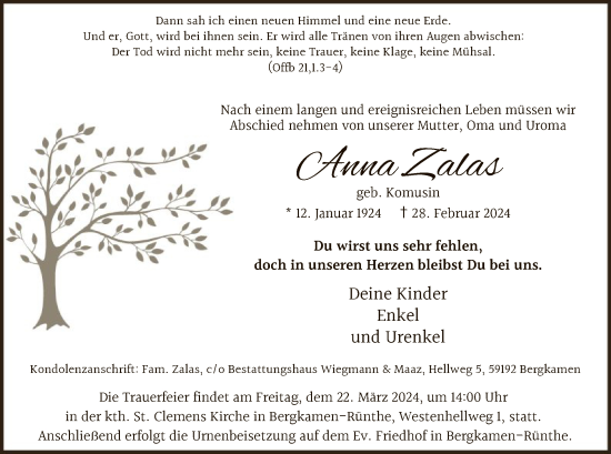 Todesanzeige von Anna Zalas von WA