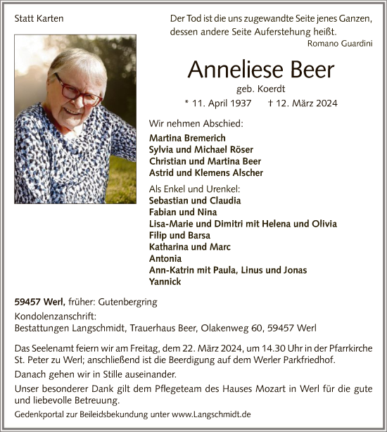 Todesanzeige von Anneliese Beer von WA