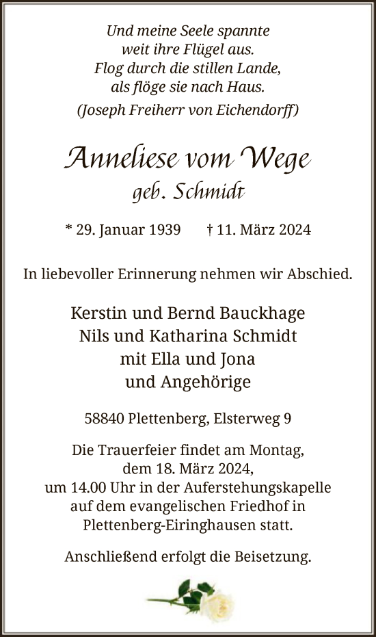 Todesanzeige von Anneliese vom Wege von WA