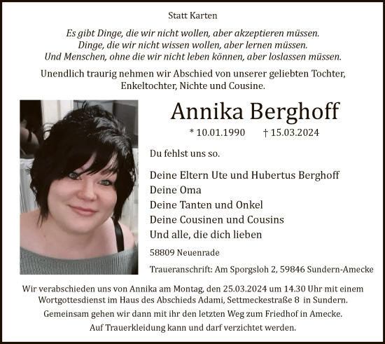Todesanzeige von Annika Berghoff von WA