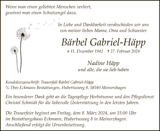 Todesanzeige von Bärbel Gabriel-Häpp von WA