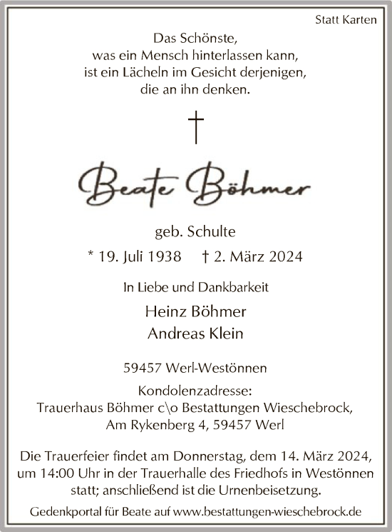Todesanzeige von Beate Böhmer von WA
