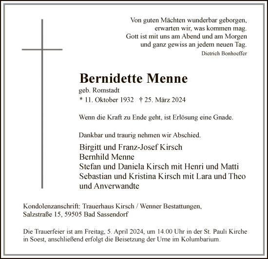 Todesanzeige von Bernidette Menne von WA