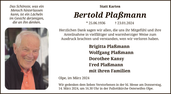 Todesanzeige von Bertold Plaßmann von WA