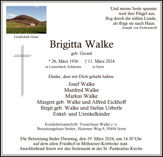 Todesanzeige von Brigitta Walke von WA